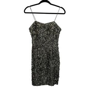 Theia Black Crystal Rhinestone Designer Silk Cocktail Mesh Mini Dress Size 2
